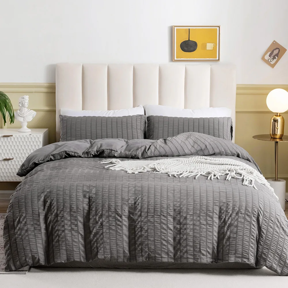 

Japanese Seersucker Duvet Cover Set Nordic Bedding Set Solid Color White Grey Pillowcase Quilt Bedcover Double King No Bed Sheet