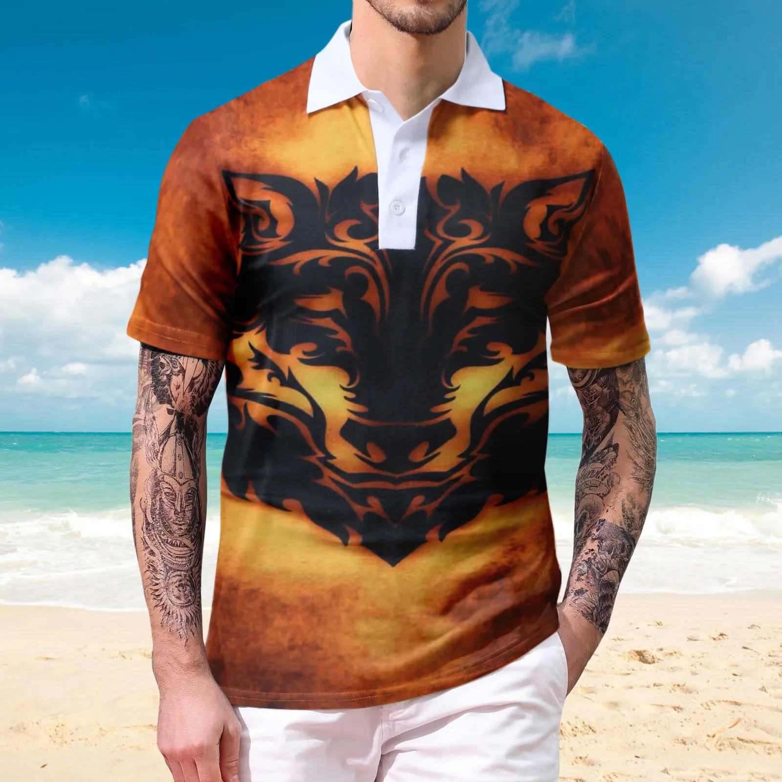 

Male Casual Print Button Turn Down Collar Blouse Short Sleeve Tops Shirt Cool Button up Shirts