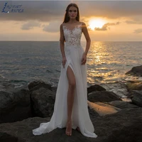 2022 boho v neck sleeveless lace appliques cut out a line wedding dress high split button decoration bridal gown custom made