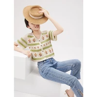 2022 new fashion designer cardigan women embroidery vintage floral single breasted crop top v neck thin summer