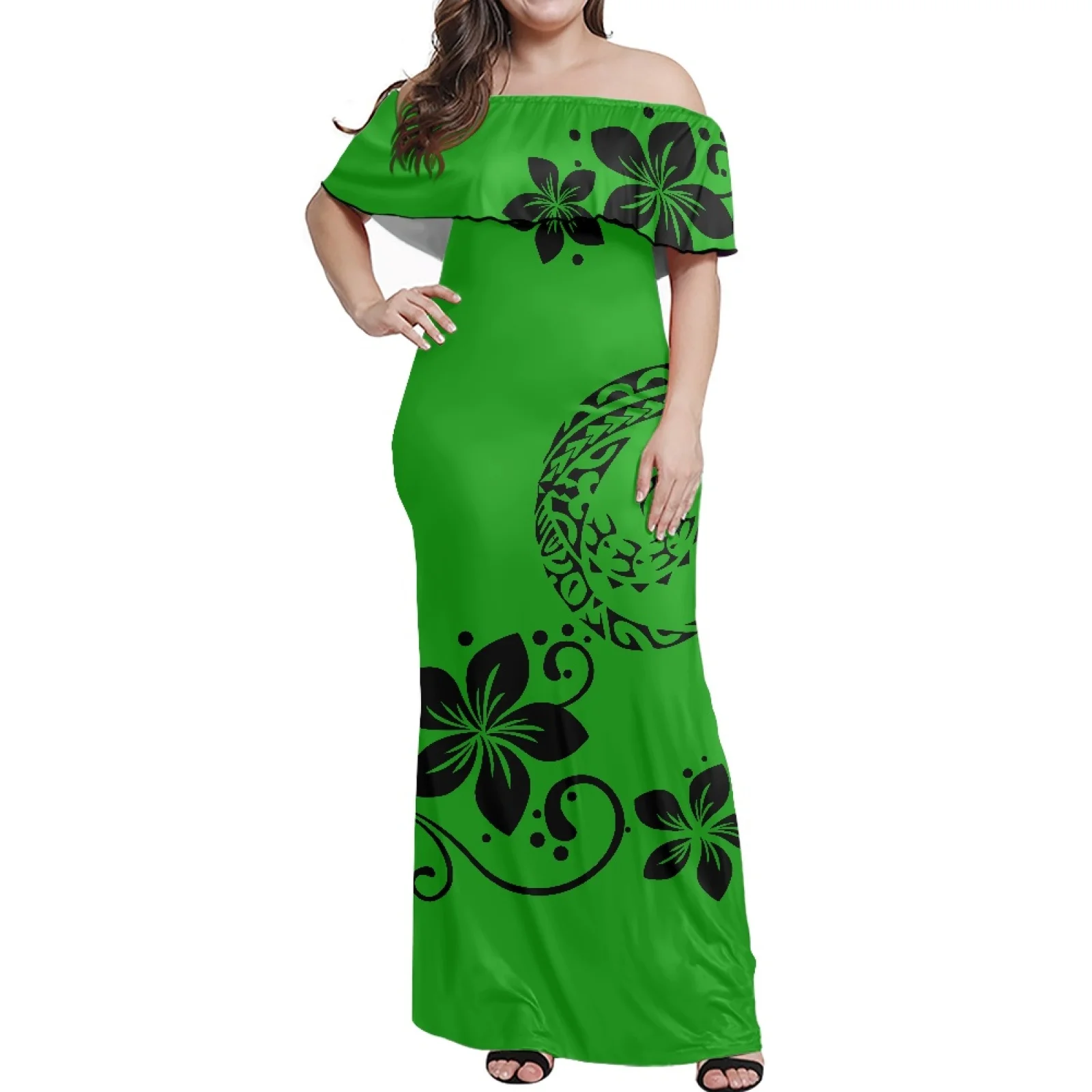 

Women's 2023 Print Polynesian Tribal Dress Summer Shoulder Drop Lotus Collar Fashion Hibiscus Soft Fabric Dress For Dinner
