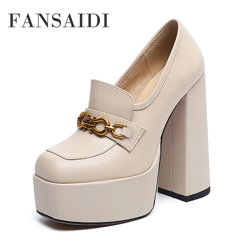 

FANSAIDI 2022 Sexy Genuine Leather Waterproof Pumps Square Toe Fashion Women's Summer Platform Goth Chunky Heels Block Heels 40