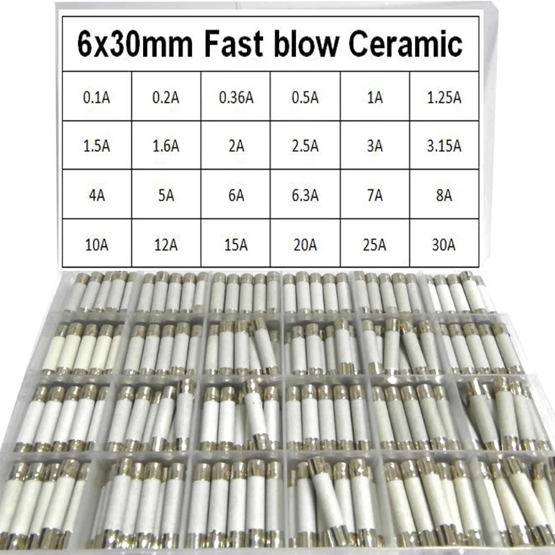 

240pcs/Set Ceramic Fuse 6x30mm 0.1A 1A- 30A Fuses Assortment Kit 250V 24 Valus