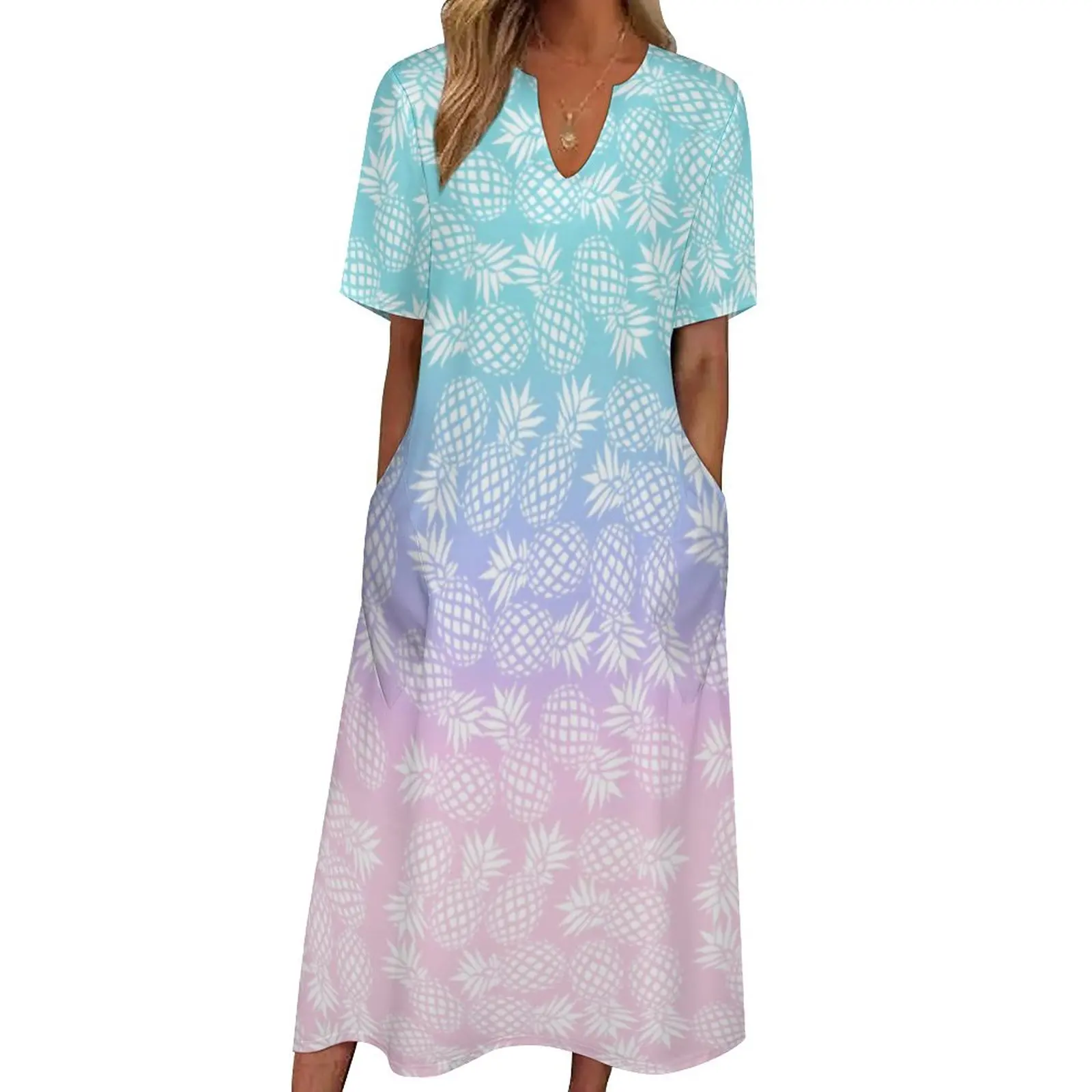 

Funny Pineapple Dress Summer Pink Blue Ombre Print Aesthetic Bohemia Long Dresses Female Design Vintage Maxi Dress Large Size