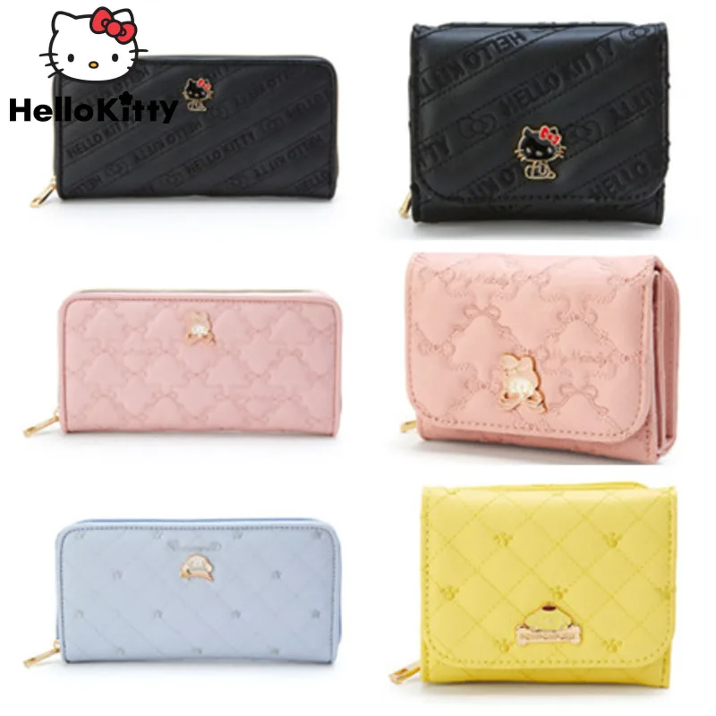 Sanrio Hello Kitty Cinnamoroll Melody Purin Pink Wallets For Women Y2k Fashion Folding Mini Wallet Cartoon Zipper Small Clutches