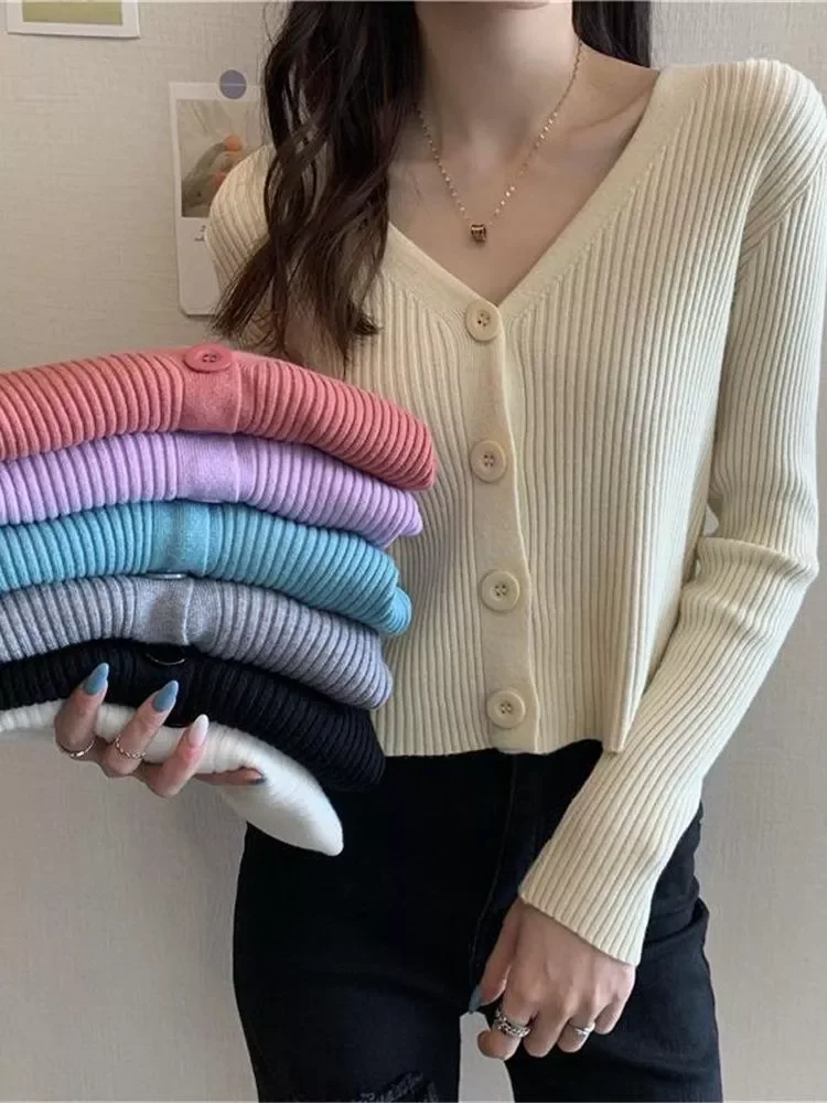 

New2022 Sweaters Cardigan V-neck Knitted Cardigan Sweater Coat Women's Autumn Outer Wear White Long-Sleeved Top Sueters De M