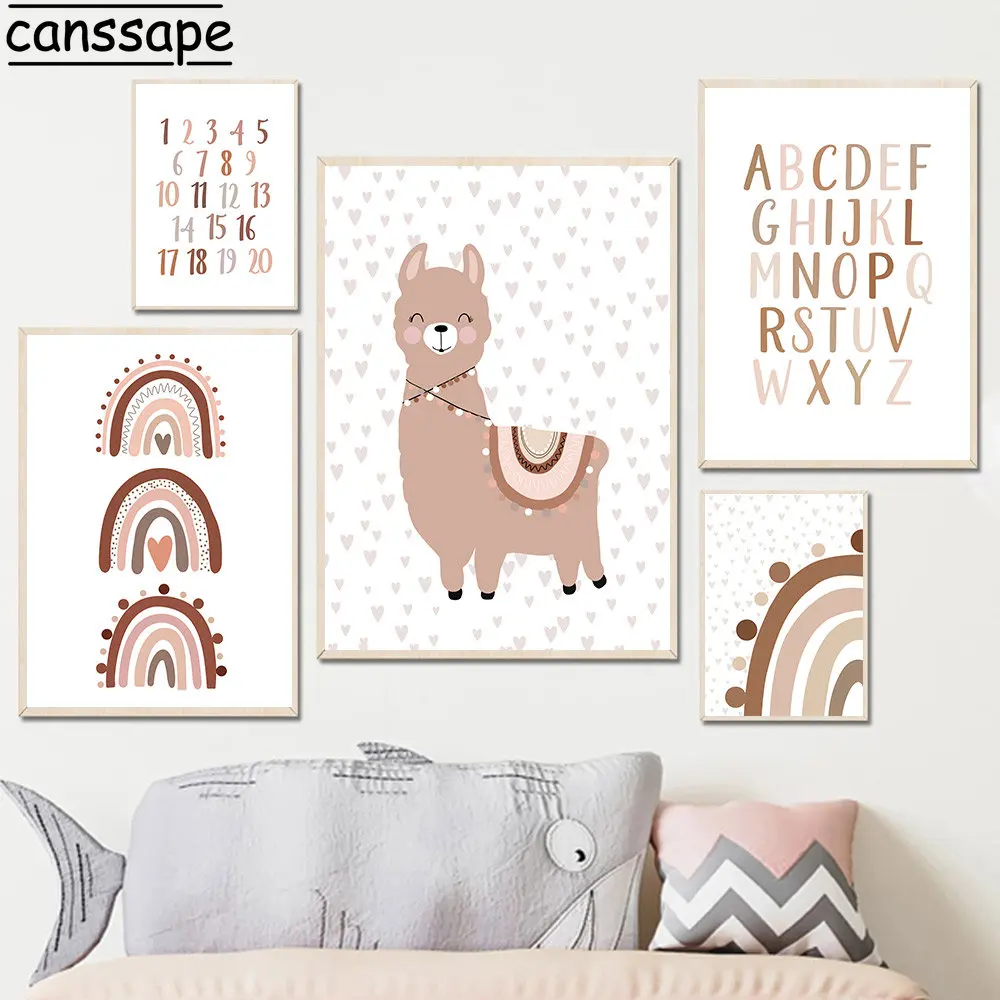 Бохо арт плакат радужные постеры холст картинки Альпака на стене детской комнаты мурал 123 АБВ принты.