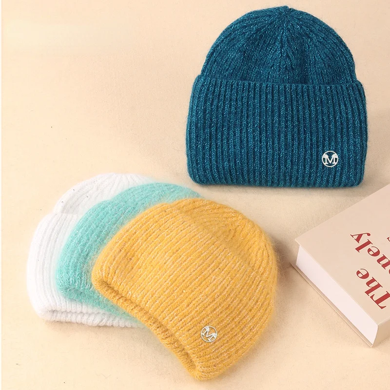 

Winter Real Rabbit Fur Knitted Beanies For Women Fashion Solid Warm Cashmere Wool Skullies Beanies Female Three Fold Thick Hats