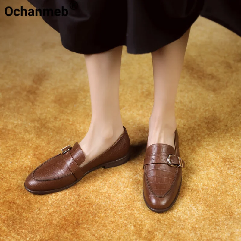 

Ochanmeb, женские дизайнерские лоферы из натуральной кожи с пряжкой и круглым носком, удобные повседневные туфли на плоской подошве в стиле рет...