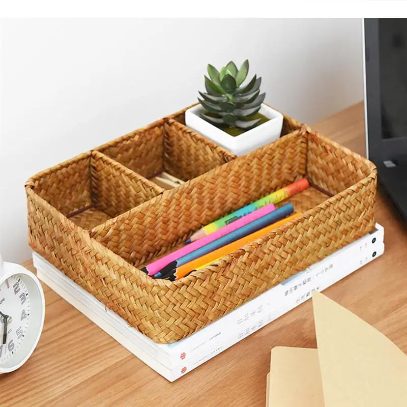 

Straw Four Grids Desktop Storage Finishing Box Handmade Weave Storage Basket Compartment Remote Control Sundries Storage Box