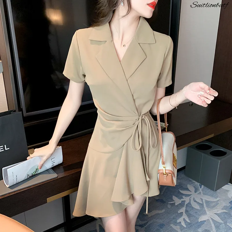 

Summer Dress Woman 2022 Irregular Ruffles Female Clothing Hepburn Short Sleeve Suit Skirt Chiffon Drawstring Waist Sexy Dresses