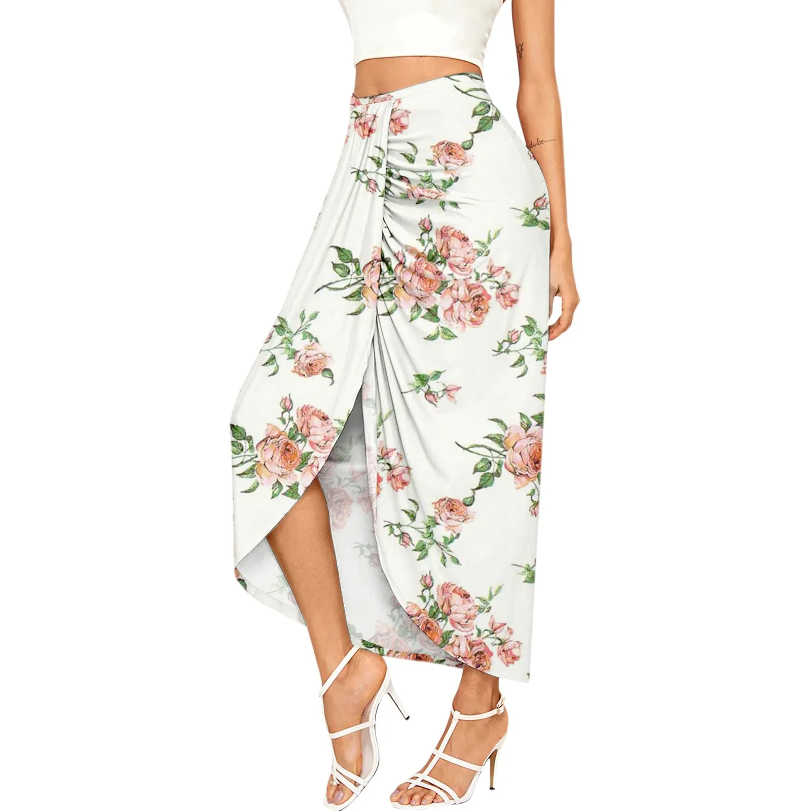 

White Fringe Skirt Womens Flower Prints Draped Slit High Elastic Waist Casual Skirt Wrap White Fringe Skirt under Skirt Fluff