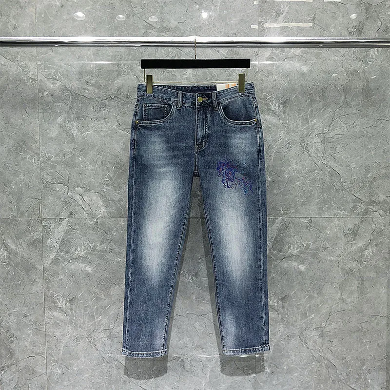 Fashion Men's Jeans Light Blue Washed Top Quality H Luxury Brand Male Trousers Summer Mid-Waist Casual Stretch Skinny Denims