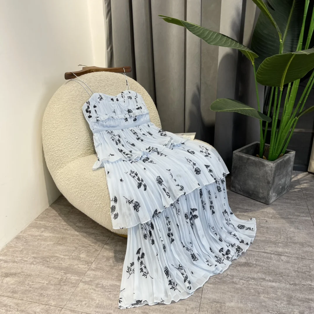 

2022 Female Summer Floral Plants Print High Quality Tiered Edible Tree Fungus Sky Blue Midi Pleated Spaghetti Strap Dress