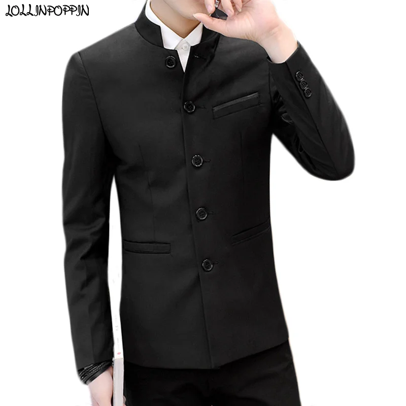 

Mandarin Stand Collar Men Tunic Suit Jacket Chinese Style 2022 New Single Breasted Casual Blazers Male Outerwear Black