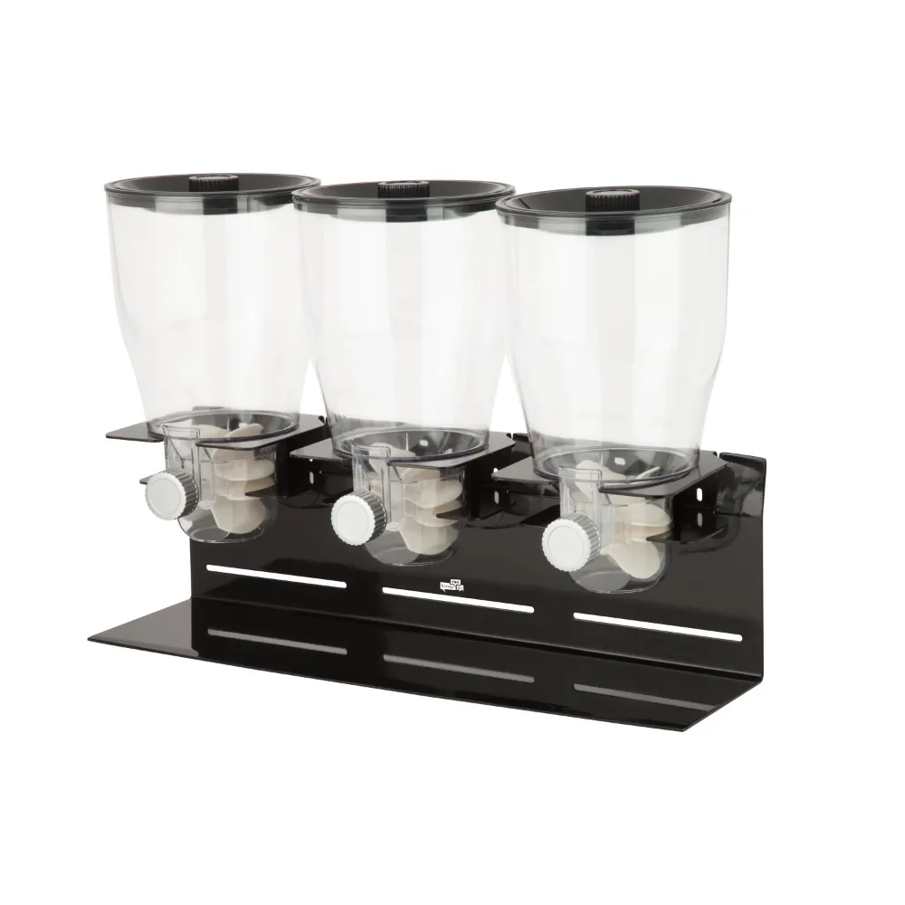 

Plastic and Steel 52 Oz Triple Canister Dry Food Dispenser Black Clear Steel Construction and Stain resistant Durable
