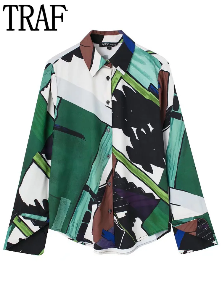 

Зеленая женская рубашка с принтом TRAF, мешковатые блузки и рубашки, Женский Топ с длинным рукавом, женские летние рубашки с воротником на пуг...
