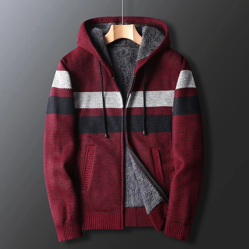 Men's Autumn and Winter Plus Velvet Thick Striped Stitching Sweater Knitted Cardigan Jacket Hooded 5 Colors Casual Loose New