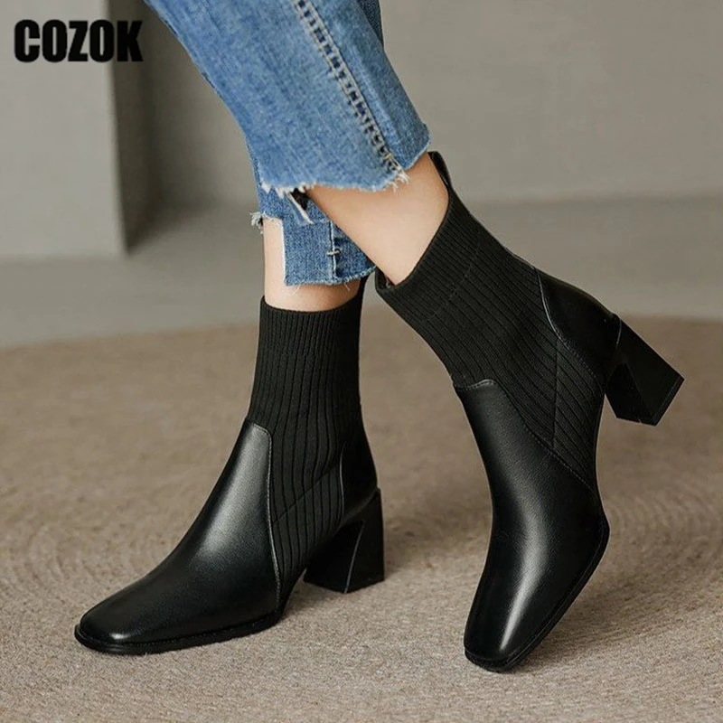 

Вязаные женские ботинки, новые зимние туфли-лодочки на толстом каблуке с квадратным носком, Элегантная классическая теплая обувь