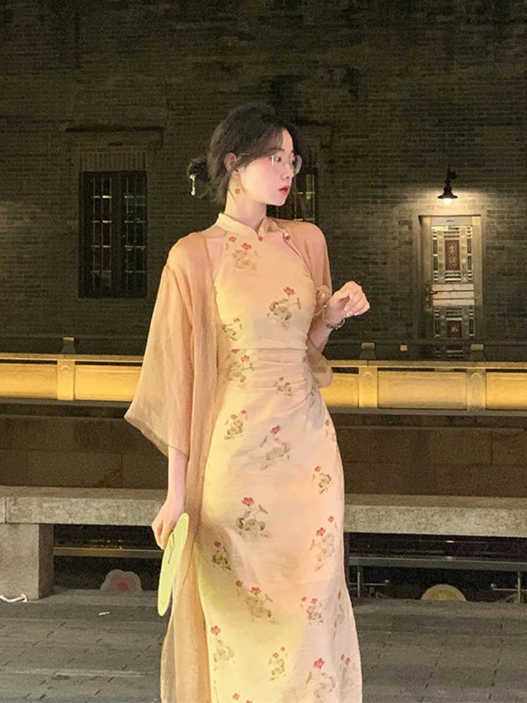 

Женское винтажное платье-Ципао, приталенное ТРАПЕЦИЕВИДНОЕ ПЛАТЬЕ в китайском стиле со средней талией и высоким воротником, на одной пуговице, на весну и осень