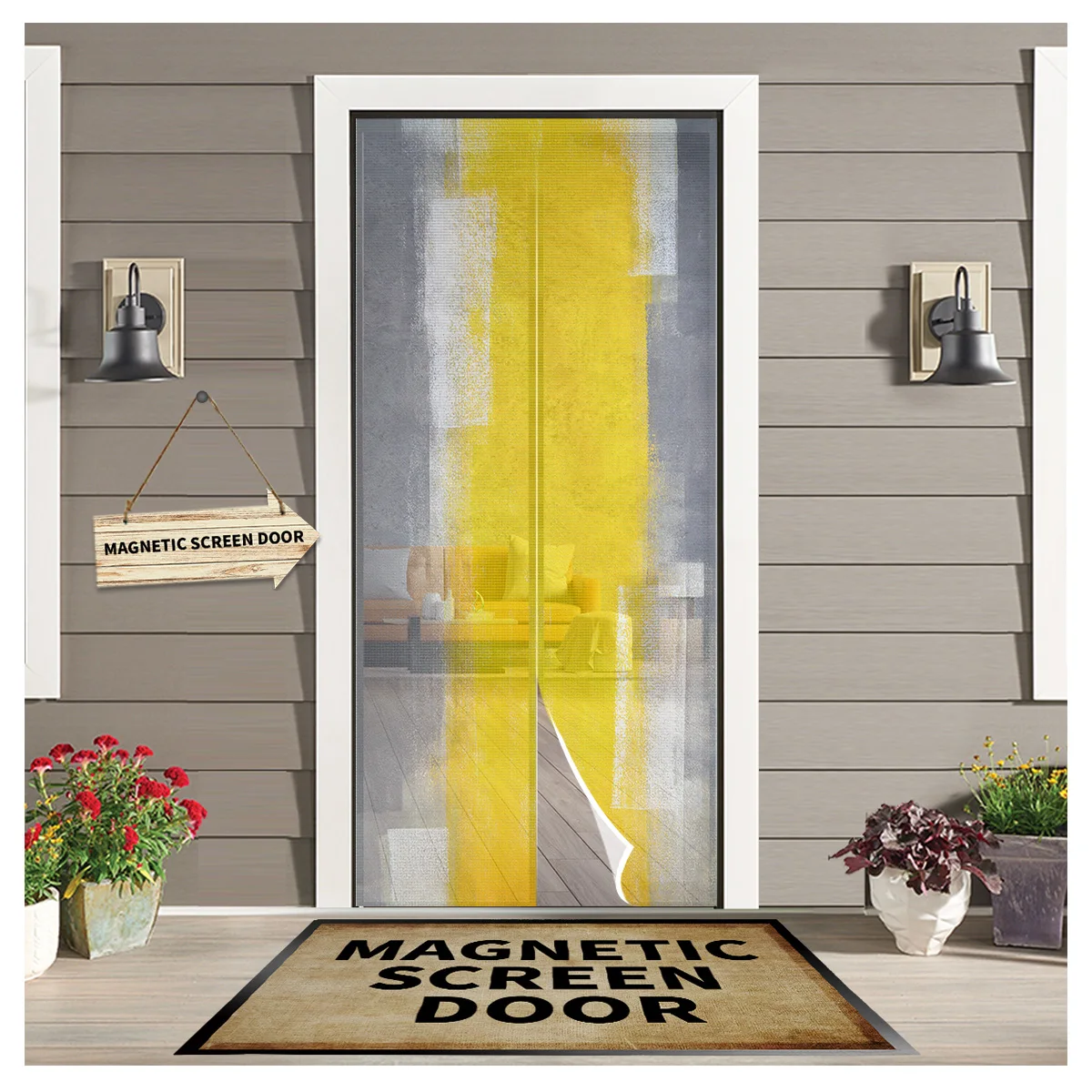 

Yellow Gray Abstract Art Texture Magnetic Curtain Anti Mosquito Net Door Window Screen Insect Mesh Kitchen Door Curtain