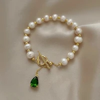 vintage luxury green crystal pearl bracelet women summer new ot buckle pendant love charm bracelet fashion jewelry accessories