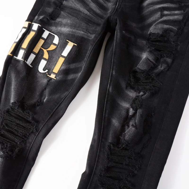 High Street Fashion Men Jeans Retro Black Gray Stretch Skinny Ripped Jeans Men Buttons Fly Patch Designer Hip Hop Brand Pants