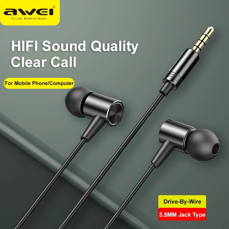 Awei L2 Wired Earpuds 3.5mm Plug HiFi Stereo Surround Earbuds In-ear Wire-Controlled Microphone Call Music Wired Earphones