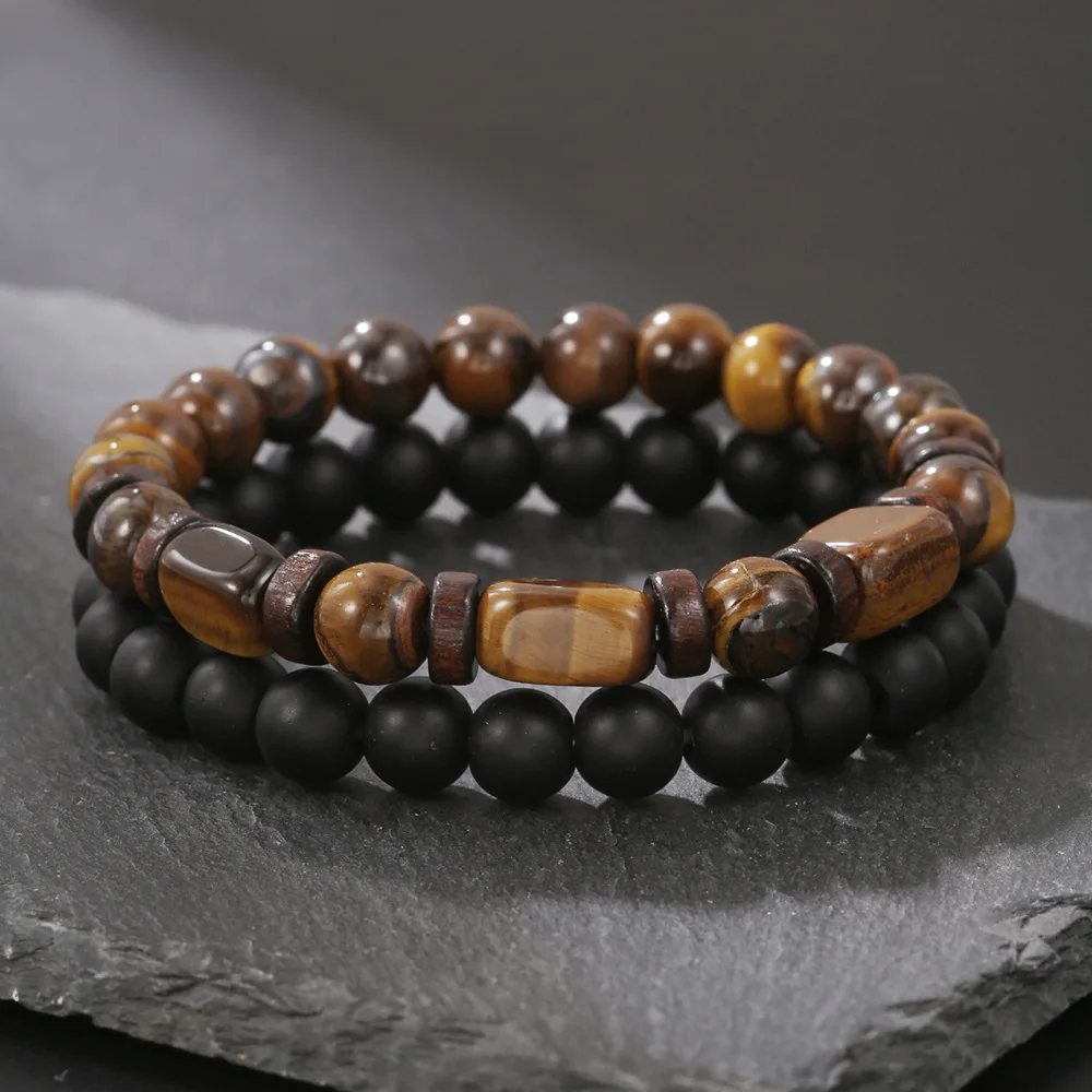 

2023 8 мм, эластичный браслет из натурального камня для мужчин, тигровый глаз, черный, матовый, женский