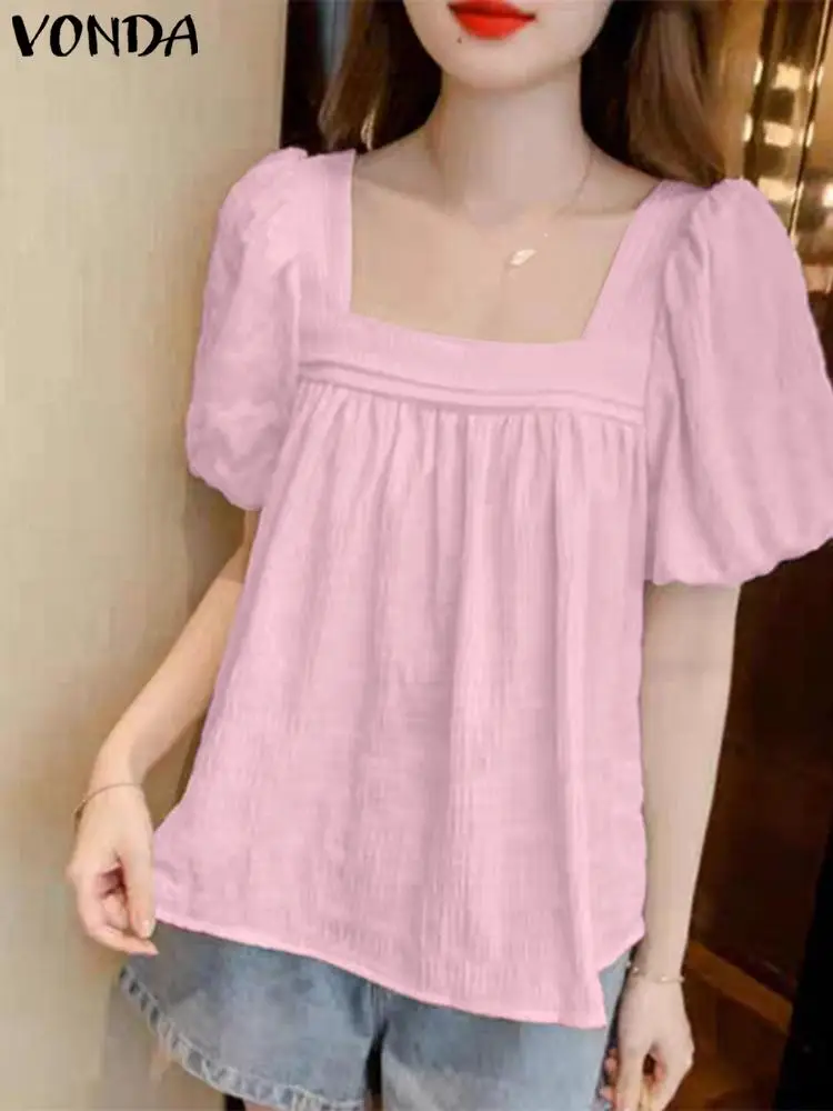 

Women Tunic Elegant Blouse 2023 Summer Short Sleeve Shirts Fashion Sexy Round Neck Solid Tops Casual Puff Sleeve OL Blusa Baggy