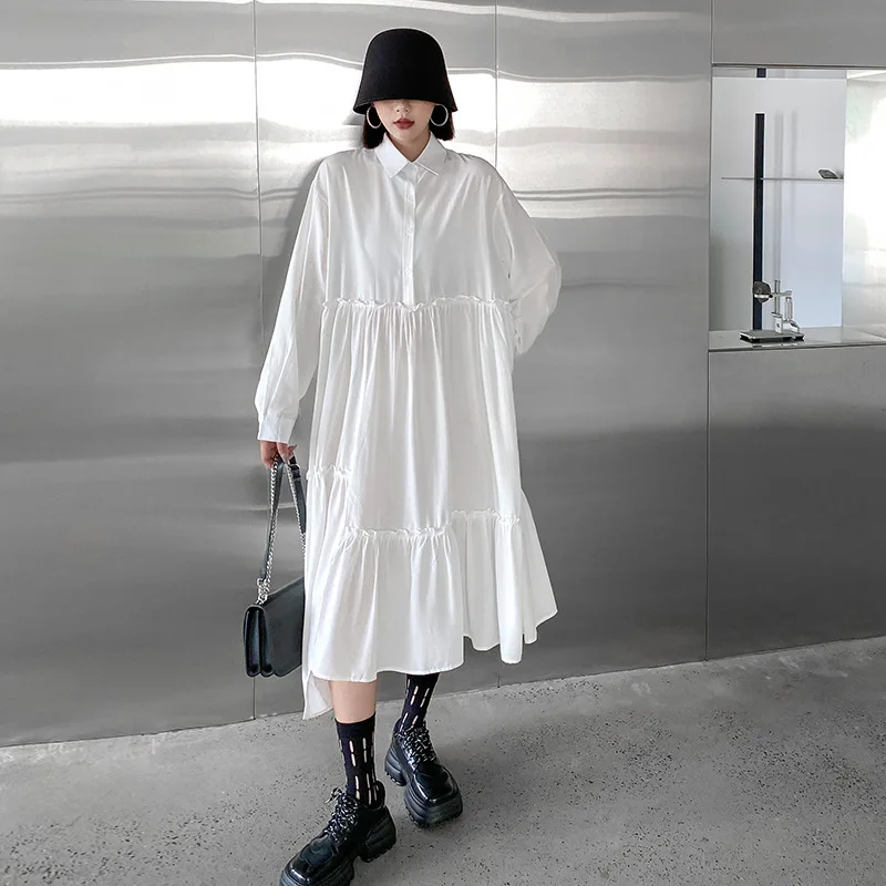 

SuperAen Retro Irregular Shirt Dress Women's Autumn 2022 Loose Long-sleeved Fashion Korean Pleated Dress
