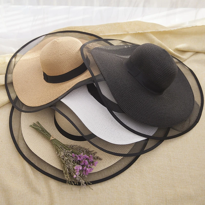 

19CM Wide Brim Straw Hat Lace Beach Hats Women Fashion Ladies Summer New 2021 UV Protection Foldable Sun Shade Cap Sunhat