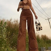 jeans 2022 new womens pants vintage brown burnt flower drooping straight pants high waist casual denim trousers loose cowgirl