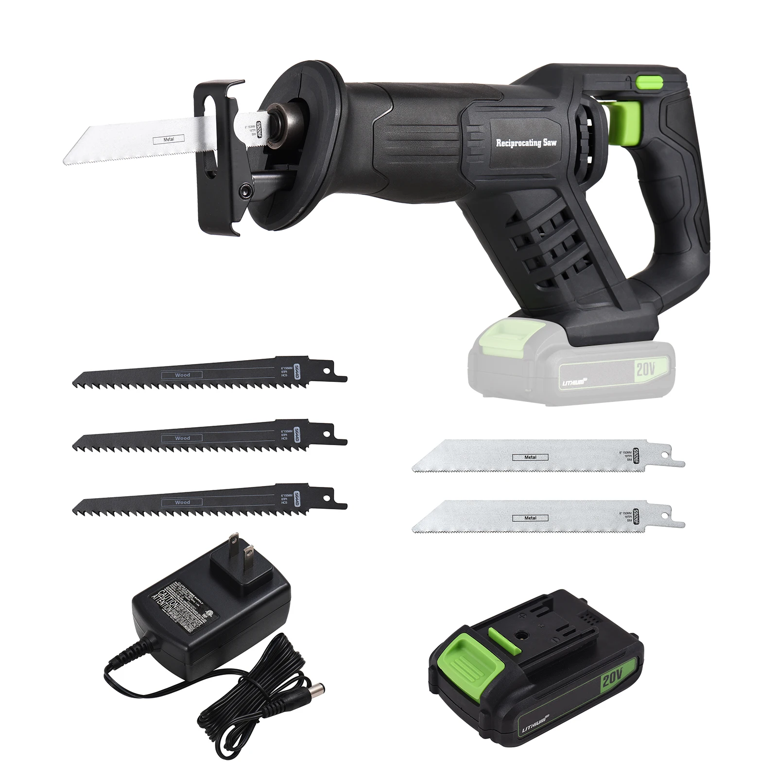 

20V Cordless Reciprocating Saw Variable Speed 3000SPM Handheld Electric Saw with 2.0Ah Battery Fast Charger 6-inch Saw Blade