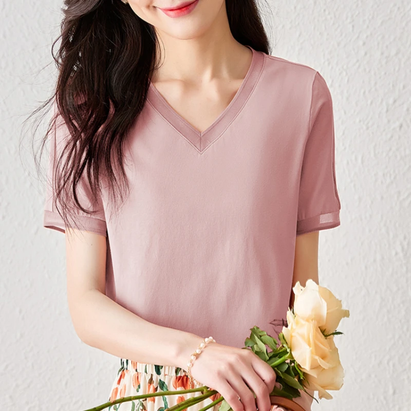 

Женская хлопковая Футболка YCMYUNYAN, свободная Однотонная футболка с коротким рукавом и V-образным вырезом, одежда в стиле пэчворк для лета, 2023