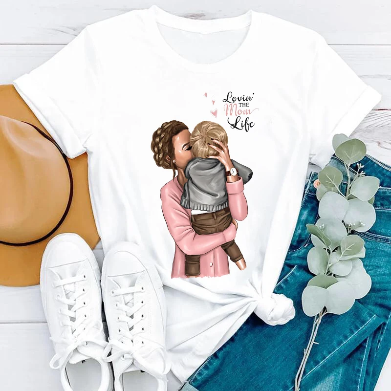 

Women T-Shirt Boy Son Happy Cartoon Mom Mother Mama Cartoon Fashion Print Lady T-Shirts Top Womens Graphic T Shirt Female Tee