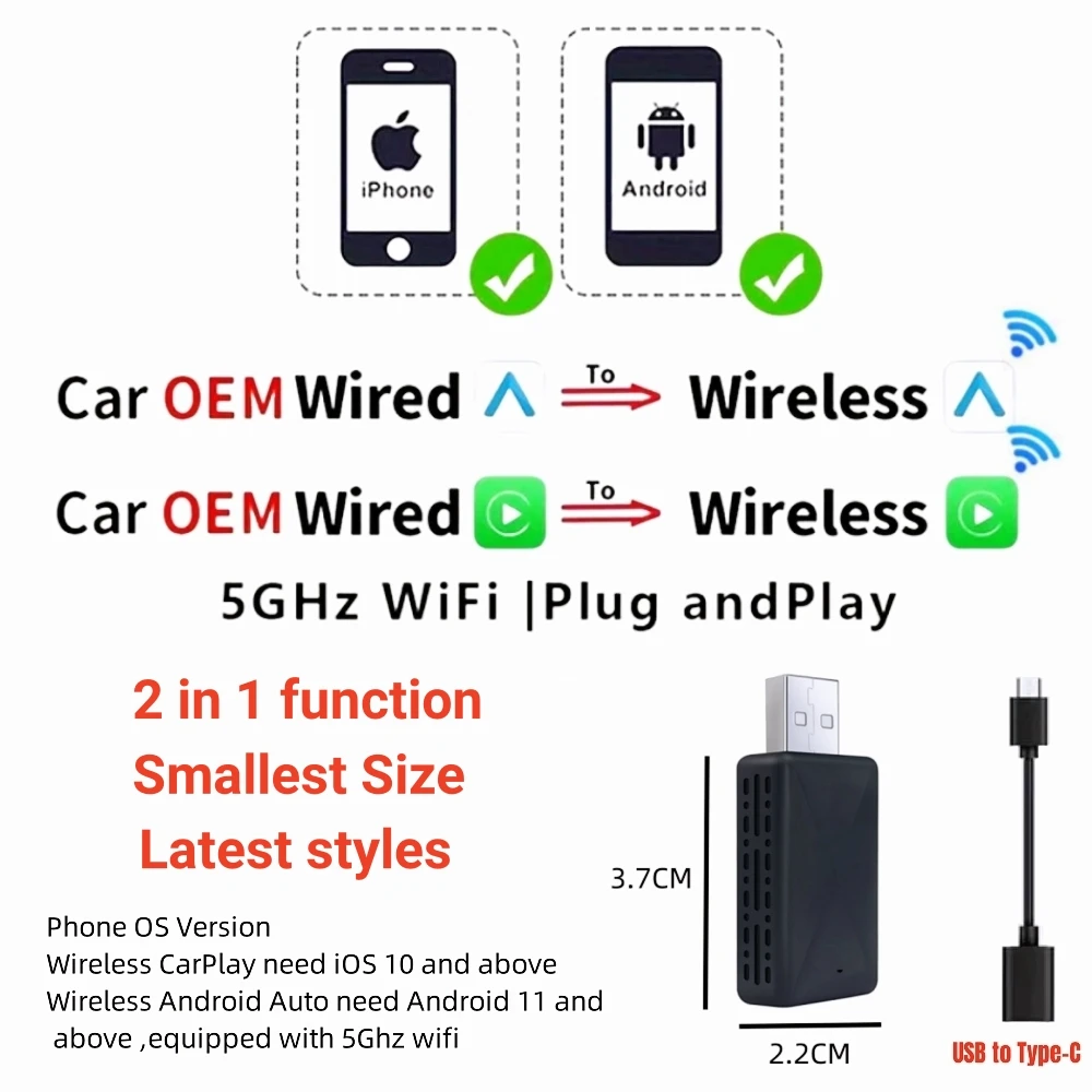 

Беспроводной Адаптер 2-в-1 CarPlay И Android Auto Smart Dongle 2024 С Поддержкой 5G Wi-Fi Для iPhone И Android-смартфонов