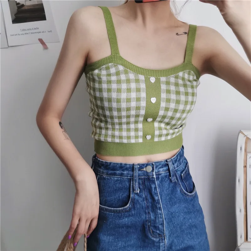 

Y2K Plaid Crop Top Women's Club Tank Tops Buttons Camis Knitting Sleevless Camisoles Tube Top Bralette Sexy Ladies Summer Tanks