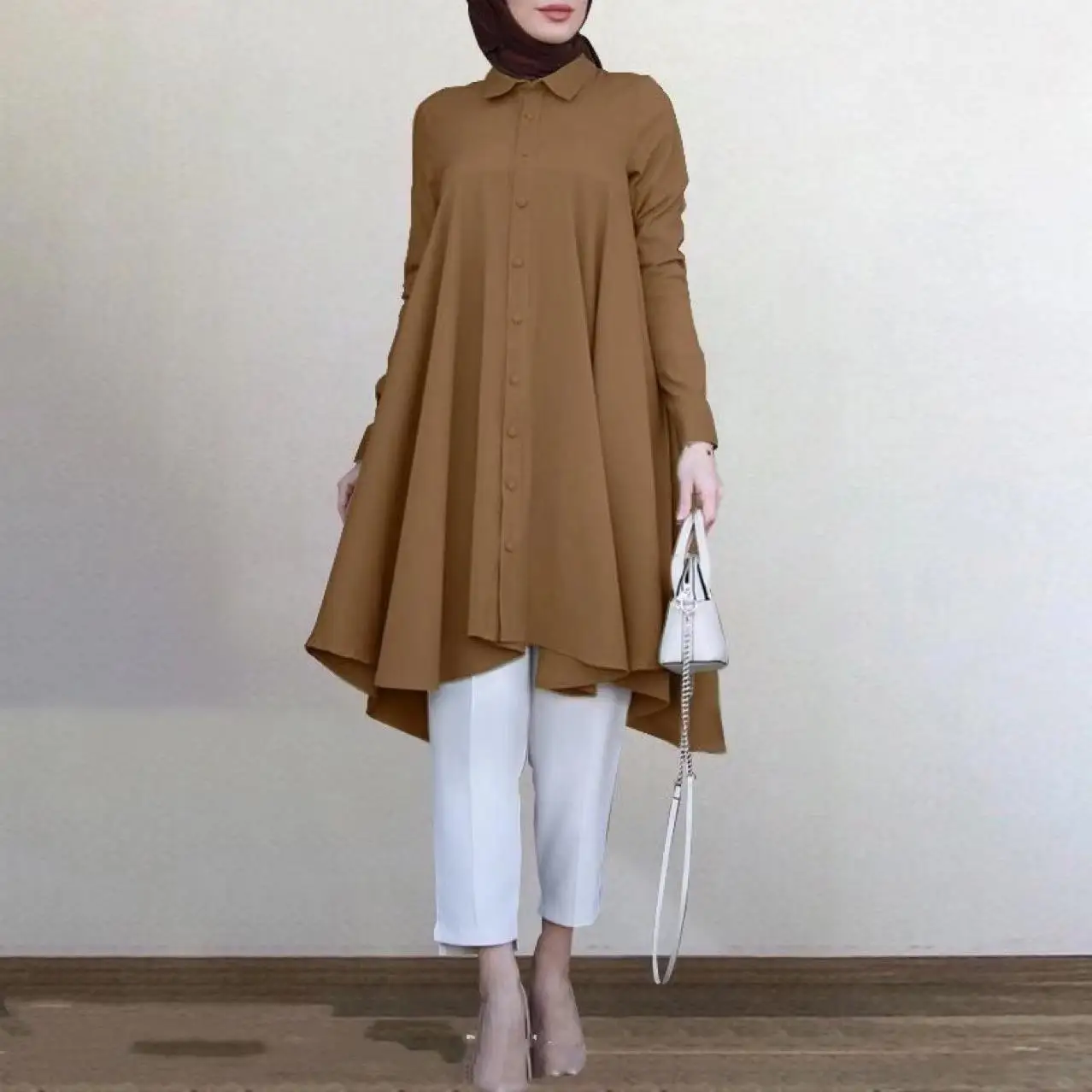 Women's Solid Blouse Muslim Fashion Long Sleeves Shirt Collar Single-Breasted Tops Middle East Islam Malaysia Lady Casual Blusas