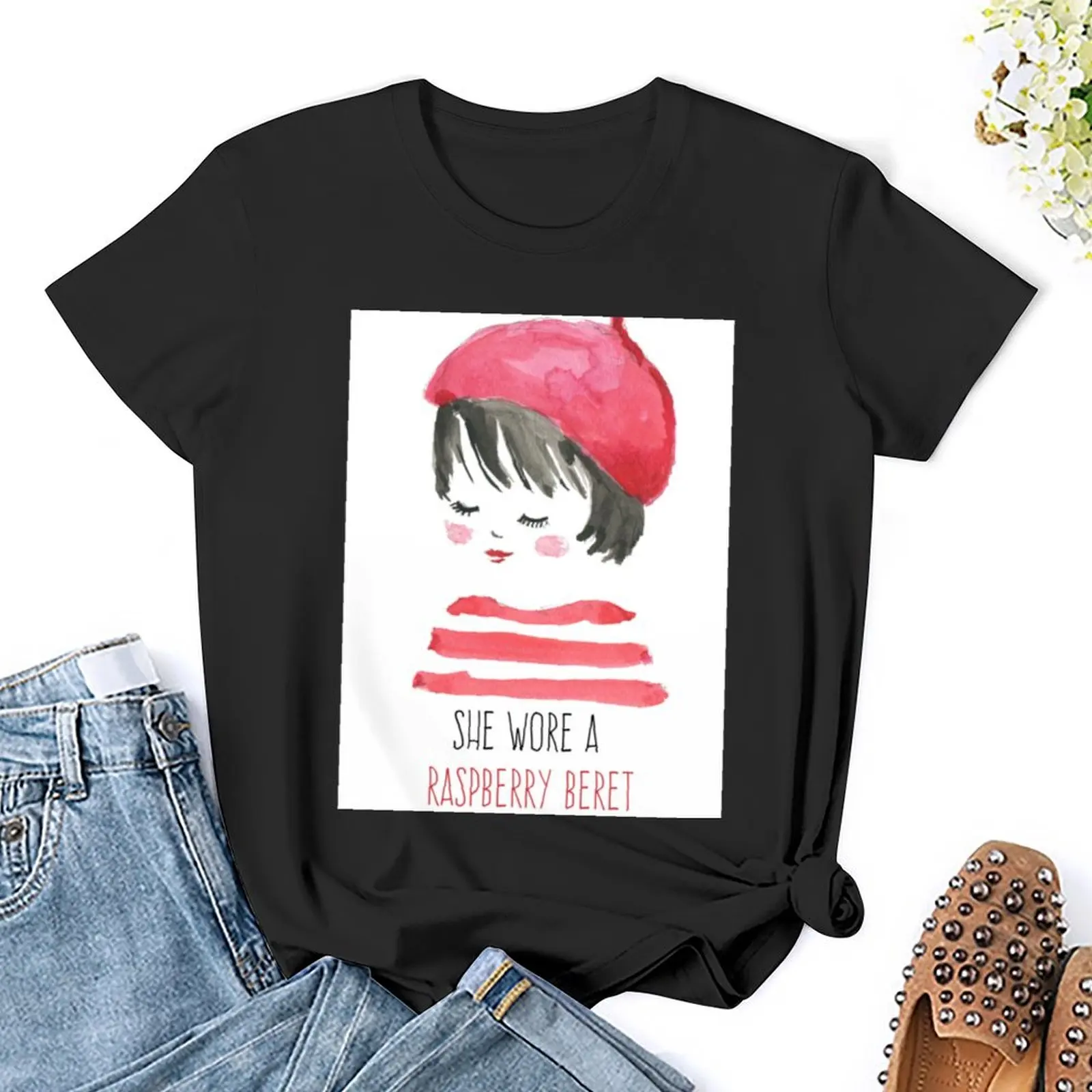 Женская футболка с рисунком She надела малиновый берет винтажная одежда в стиле