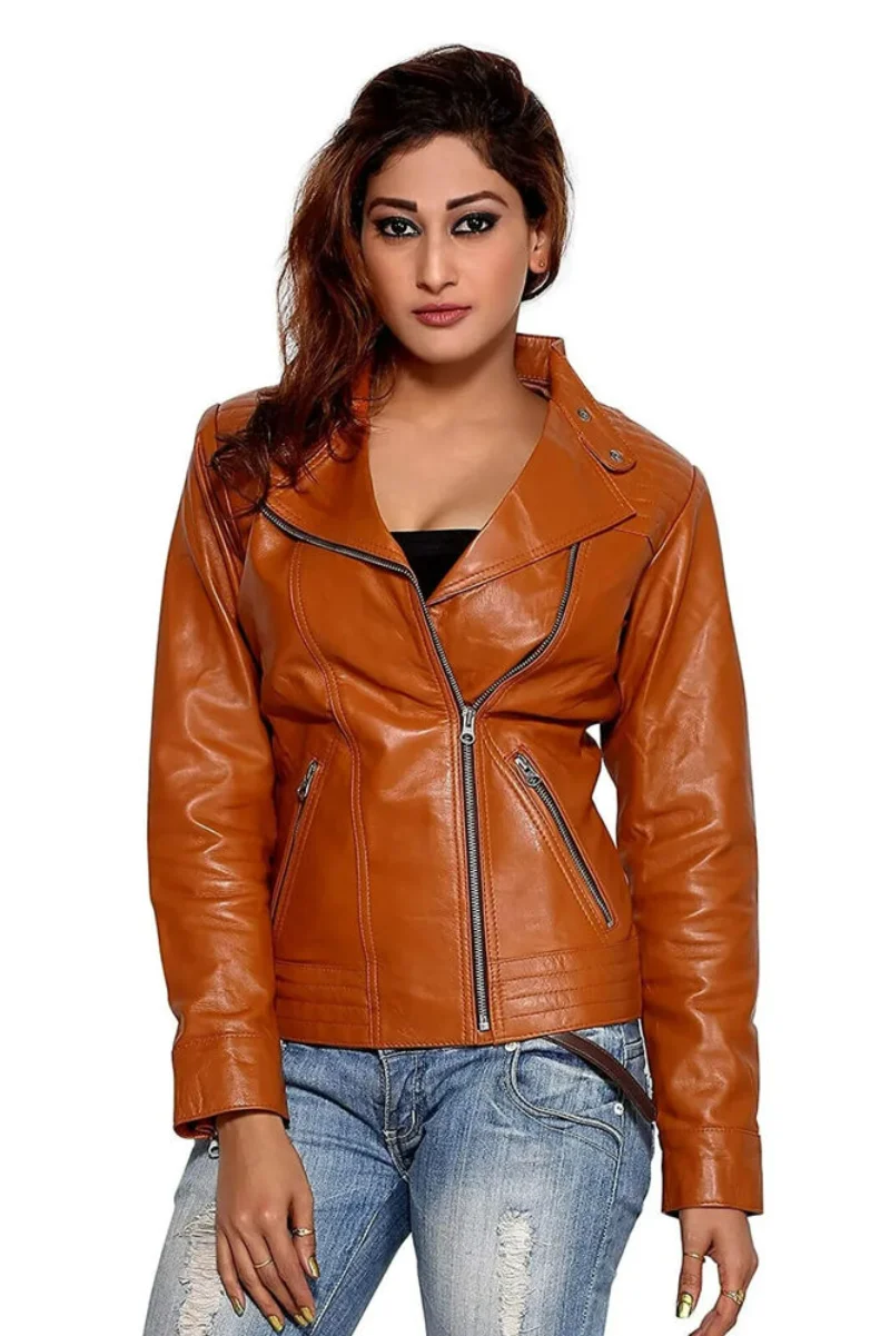 Women Leather Jacket Stylish Slim Fit Biker Moto Minimalist Tan Coat