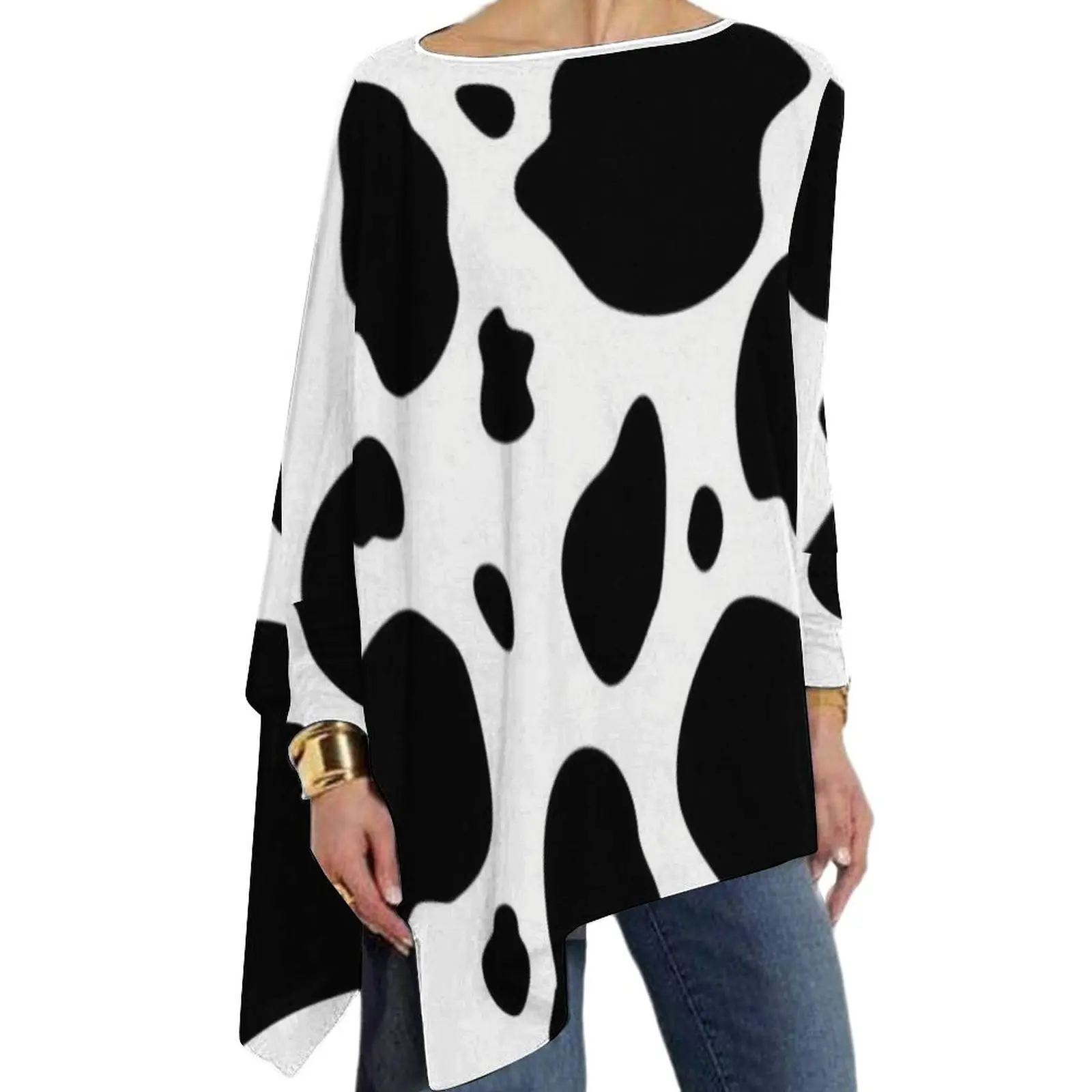 

Black And White Cow Print T Shirt Cow Spots Pattern Y2K Long Sleeve T-Shirts Casual Loose Tshirt Oversized Graphic Clothing