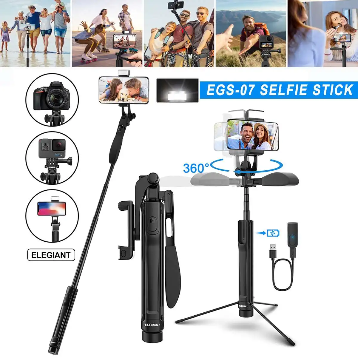 

ELEGIANT EGS-07 bluetooth Selfie Stick Tripod 360 ° Swivel with Video Balance Handle Remote Control LED Light for Smartphones