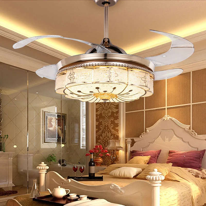 

European Style Invisible Fan Chandelier Antique LED Crystal Hotel Ceiling Fan Lamp Living Room Dining Room Bedroom Simple Lamp