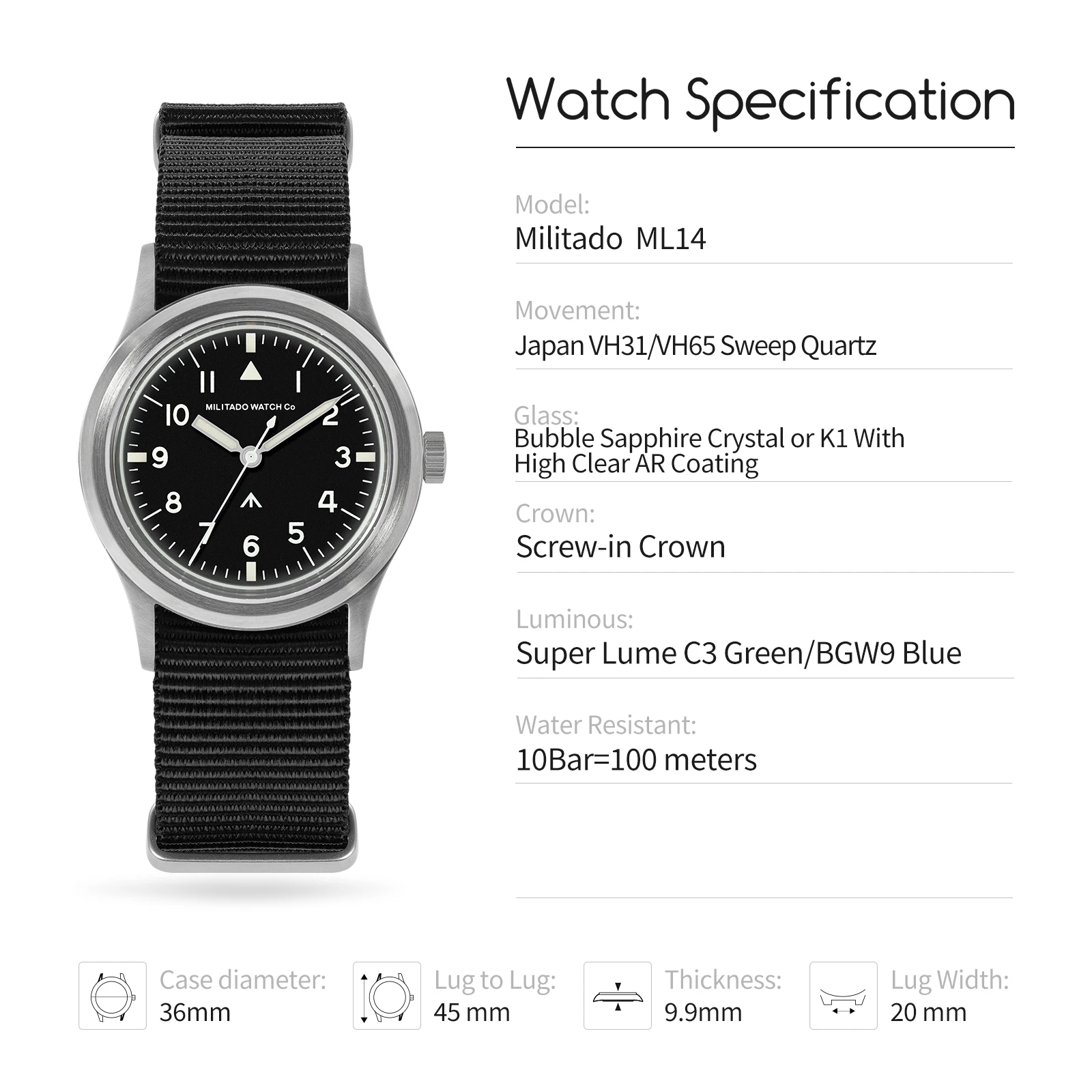 Фото Militado ML14 36 мм Часы VH31 Sweep Second Кварцевый Механизм Сапфировое Стекло Супер Светящиеся BGW9 C3 100 м Водонепроницаемые Часы №4