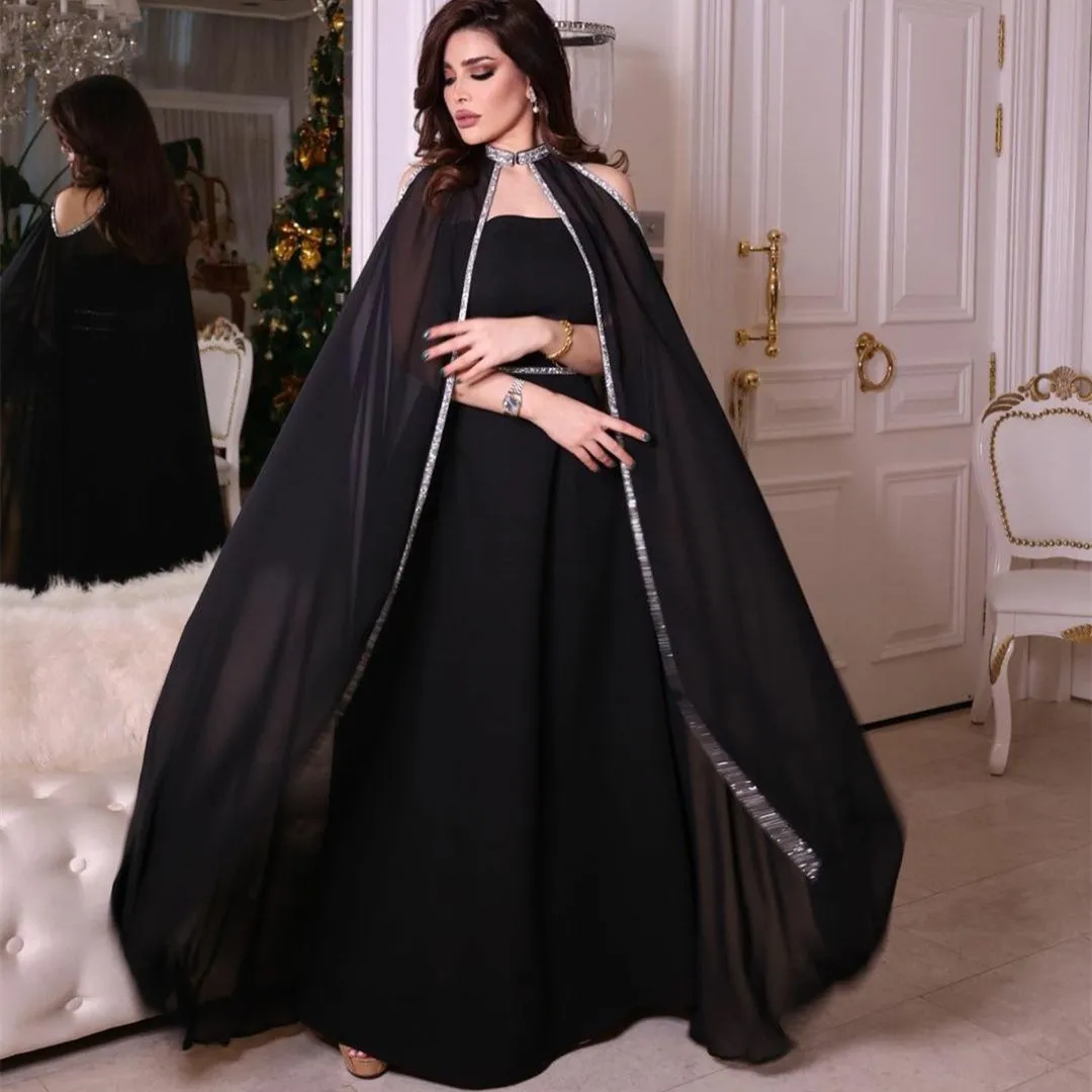 

Elegant Long Crepe Black Chiffon Evening Dresses WIth Cape Sheath Floor Length إفننغ دريسس Robes de Soirée for Women