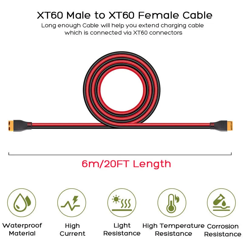 Фото Кабель XT60 (гнездо-штекер) 6м/20 футов, 12AWG/14AWG для EcoFlow River Delta, ALLPOWERS, Anker, Bluetti, Oukite и других устройств. Портативная электростанция №2
