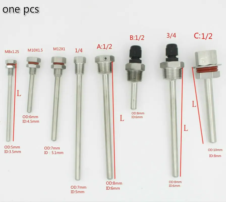 Термопара Thermowell, длина L30-L500mm, резьба 1/4 дюйма, 1/2 дюйма, 3/4 дюйма, m8x1, 25 m10x1, 5 M12X1, труба из нержавеющей стали 304