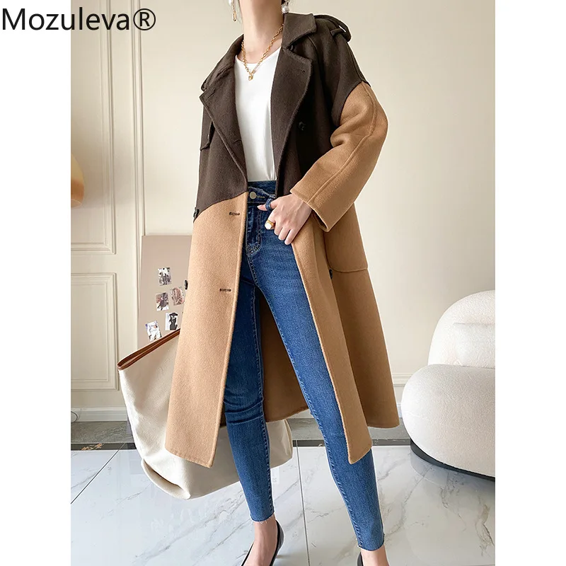 

Mozuleva Winter Hand-Stitched Wool Double-Sided Plush Coat Spliced Contrast Double Breasted Casual Cashmere Wool Coat Women