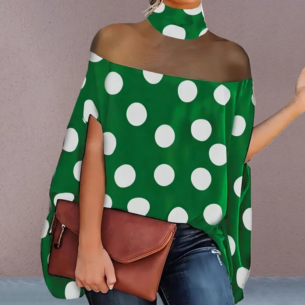 

Women Tops Loose Fit High Half Collar Cape Tops See-through Mesh Summer Blouse Solid Color Batwing Sleeve Cape Blouse For Work